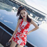 亦美珊泳衣女三件套温泉遮肚显瘦韩国保守泳装小胸聚拢分体游泳衣 YMS188355 红底印花 M