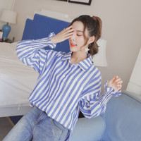 朗悦女装 2019春季新款韩版宽松长袖衬衫条纹衬衣休闲上衣 LWCC181342 蓝色 S