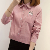朗悦女装 2019春装韩版长袖衬衫刺绣条纹学院风上衣简约打底衫 LWCC181524 粉色 M