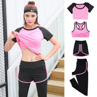 潮流假期 瑜伽服女套装夏秋新款修身显瘦跑步瑜伽健身服女速干运动套装女 YD20199-黑拼粉红色-短袖四件套-XL