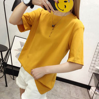 朗悦女装 2019夏季新款韩版纯色套头T恤简约学生打底上衣 LWTD182118 黄色 S