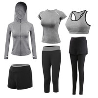 潮流假期 运动套装女夏秋季运动服套装健身跑步瑜伽服 灰色-长裤+七分裤+短裤+背心+短袖+外套六件套-L