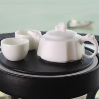 苏氏陶瓷(SUSHI CERAMICS)德化中国白陶瓷茶壶 手工玉龙方壶 猪油白 如脂玉 功夫茶具套装“送”两茶杯