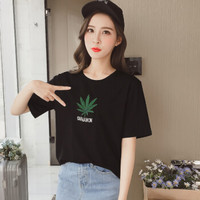 LAXJOY 朗悦 短袖T恤女夏季新款简约套头学生休闲t恤韩版刺绣打底衫LWTD182113黑色S