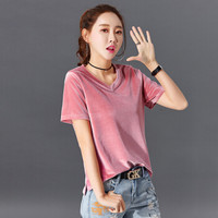 LAXJOY 朗悦 夏季新款韩版宽松金丝绒短袖T恤简约V领套头上衣 LWTD182302