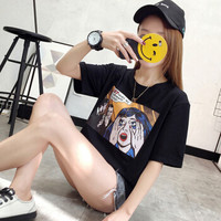 朗悦女装 2019夏季新款韩版修身短袖T恤印花套头上衣 LWTD182207 黑色 S