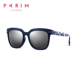 派丽蒙（PARIM）太阳镜男女同款偏光镜大框遮阳方框墨镜 11037 C1-蓝框印花腿/正镀白水银片