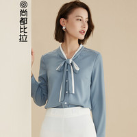 尚都比拉(Sentubila) 2019春季新品长袖打底衬衫女装V领衬衣韩范OL雪纺上衣 173C0216094 灰蓝色 M