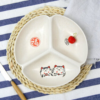 萌可陶瓷分格餐盘招财猫手绘日式餐具陶瓷水果盘创意干果盘分格凉菜碟