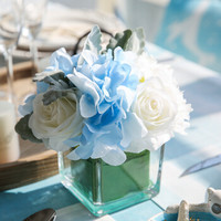 米子家居 现代简约餐桌装饰花瓶花艺仿真玫瑰花绣球花整体套装浅蓝款