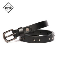OMTO 女士皮带细腰带 牛皮时尚装饰休闲韩版百搭针扣裤带皮带 黑色