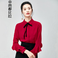 尚都比拉（Sentubila） bf风社会衬衫女宽松2019早春新款韩范系带荷叶袖雪纺衬衣 P81C0290087 暗红色 XXL