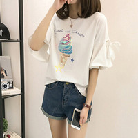 LAXJOY 朗悦  夏季新款韩版圆领打底衫小清新短袖T恤系带荷叶袖上衣 LWTD183306 白色 M