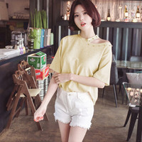 朗悦女装 2019夏季新款韩版短袖T恤亮丝钉珠上衣漏肩打底衫 LWTD183203 黄色 M