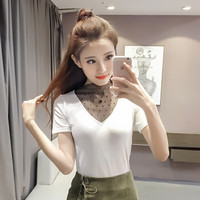 JIANZHI 简芷 夏季新款上衣V领网纱拼接短袖T恤女 XMSP687 白色 均码