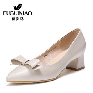 Fuguiniao 富贵鸟 头层牛皮时尚粗跟高跟鞋工作鞋套脚单鞋F76G621-1 米灰 38