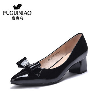 Fuguiniao 富贵鸟 头层牛皮时尚粗跟高跟鞋工作鞋套脚单鞋F76G621-1 黑色 39