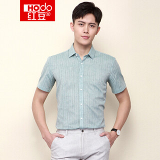Hodo 红豆 时尚休闲条纹棉麻方领男士短袖衬衫  HWS6C8371