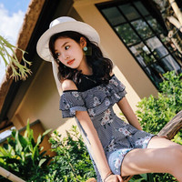 亦美珊 YI MEI SHAN泳衣女保守遮肚韩国小胸聚拢裙式分体学生遮肉显瘦游泳衣YMS188398 条纹印花 L