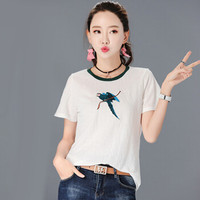 朗悦女装 2019夏季新款韩版圆领短袖T恤简约刺绣套头上衣打底衫 LWTD183601 白色 XL