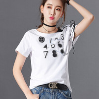 朗悦女装 2019夏季新款韩版绑带短袖T恤简约印花套头上衣打底衫 LWTD183611 白色 XL