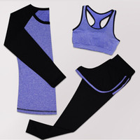 潮流假期 瑜伽服套装运动女跑步服长袖三件套显瘦健身服女速干背心长裤 YD20199-黑拼紫色-长袖三件套-M