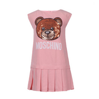 MOSCHINO 莫斯奇诺 奢侈品童装 春夏款 女童粉色聚酯纤维小熊图案圆领连衣裙 HDV067 L2A00 50413 10A