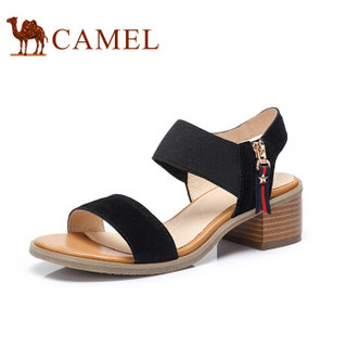 CAMEL 骆驼 女鞋 简约舒适侧拉链粗跟凉鞋 A82027619 黑色 35