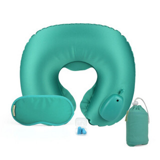 WELLHOUSE 自动充气枕按压式U型护颈枕旅行三宝商务出差飞机坐车便携用品  蓝绿色