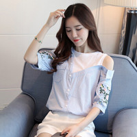 朗悦女装 2019夏季新款韩版短袖衬衫女刺绣条纹拼接衬衣漏肩休闲上衣 LWCD184117 蓝条纹 M