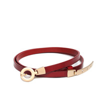 OMTO 女士细腰带 牛皮装饰时尚韩韩百搭细裤带职业简易针扣腰带皮带 红色