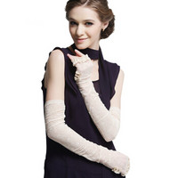 GLO-STORY 防晒袖套女 夏季薄款透气袖套蕾丝手套WST824009 米色
