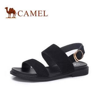 CAMEL 骆驼 女鞋 舒适休闲牛反绒一字搭扣凉鞋 A82025645 黑色 37