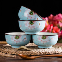 传旗 陶瓷饭碗套装（4.5英寸）日韩式色釉创意餐具 米饭碗小碗套装（4只装）蓝色