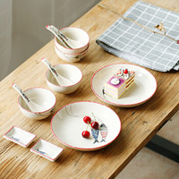 单良(Shanliang) 陶瓷餐具套装日式米饭碗碟盘子汤勺调味碟创意厨房套件 红颜12头餐具套装