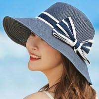 兰诗雨M0321草帽女士防晒沙滩太阳帽夏大沿遮阳帽 藏蓝色
