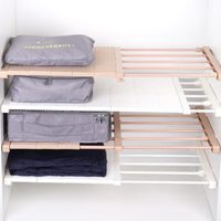 侑家良品 四代可伸缩（38-55cm）分层隔板置物架 衣柜厨房多用收纳架 免钉款42CM宽 居家咖 带隔板款