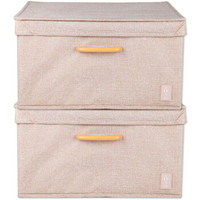 清野の木 麻质布艺收纳箱 木制把手大号40L两个装 米色 可折叠百纳箱衣物整理箱