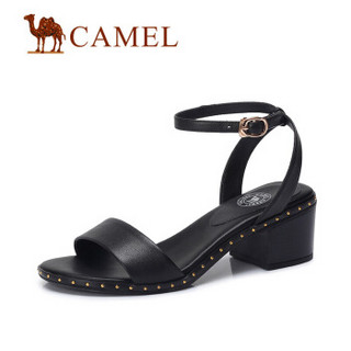 CAMEL 骆驼 女士 舒适好搭一字扣带粗跟凉鞋 A82892600 黑色 35