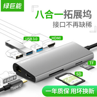 绿巨能（llano） Type-C转HDMI/网口转换器 苹果电脑网线接口HUB扩展坞USB-C转接器USB3.0分线器千兆有线网口