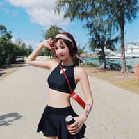 亦美珊 YI MEI SHAN泳衣女分体式 小胸聚拢 显瘦学生保守温泉韩国裙式黑色性感游泳衣 YMS188092 黑色 XL