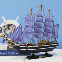 墨斗鱼 木制帆船33cm 蓝色条纹2067 实木帆船手工木制船模型工艺品 一帆风顺地中海风格仿真木船装饰品摆件