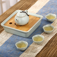 金镶玉 功夫茶具 天青色原矿仿宋汝窑汝瓷开片功夫茶具陶瓷茶杯茶碗茶壶整套套装 7头文旦壶