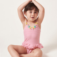 弈姿儿童泳衣 女童装游泳衣 连体三角泳衣 小中童可爱温泉泳装 EZI18G003 粉白条纹 120cm
