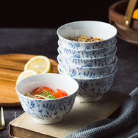 传旗 日式陶瓷饭碗套装(4.5英寸)陶瓷餐具米饭碗汤碗小碗(6只装)钩藤花