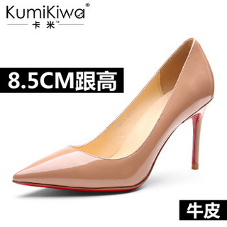 KumiKiwa 漆皮头层牛皮细跟浅口尖头高跟单鞋 K16QN3329 杏色8.5CM 35