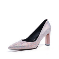 Universe 浓情漫宇 性感浅口尖头水钻粗高跟欧美风单鞋女H149 杏色36