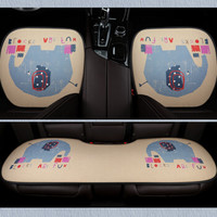 紫风铃 卡通汽车坐垫三件套四季通用仿亚麻无靠背麻布汽车座垫单张小三件单片四季垫 大象