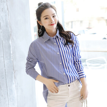 LAXJOY 朗悦 新款韩版条纹学生衬衣刺绣撞色上衣 LWCC187234