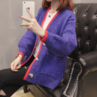 莉夏乐 2018秋装新品针织衫女韩版女装新V领单排扣口袋拼色边毛衣外套 MMWJ7429 宝蓝色 均码